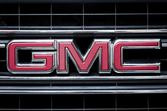 Detail of the GMC truck on the street of New York. GMC is a division of the  General Motors that primarily focuses on trucks and utility vehicles