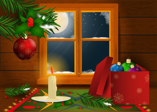 Christmas and 1 new year interior in a wooden room with a window and a view of the moonlit night with fir branches, toys