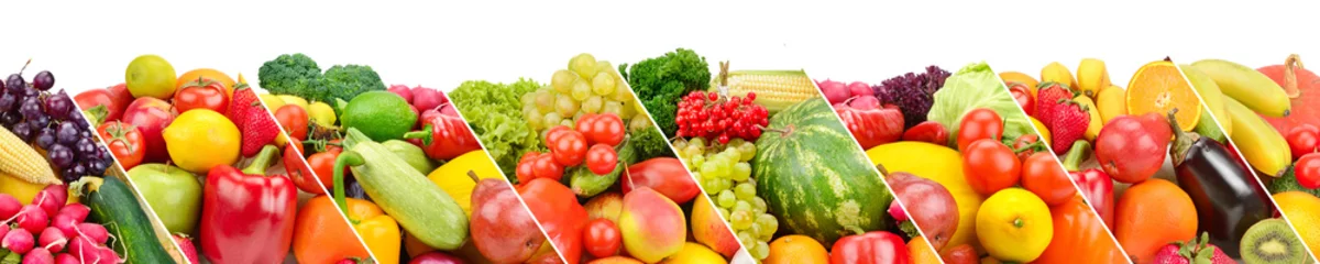 Crédence de cuisine en verre imprimé Légumes frais Collection de fruits et légumes frais isolés sur fond blanc. Collage panoramique.
