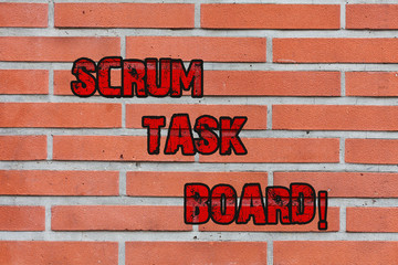 Fototapeta na wymiar Word writing text Scrum Task Board. Business photo showcasing visual display progress of team during task or operation Brick Wall art like Graffiti motivational call written on the wall