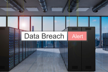 data breach in red search bar large modern server room skyline view, 3D Illustration