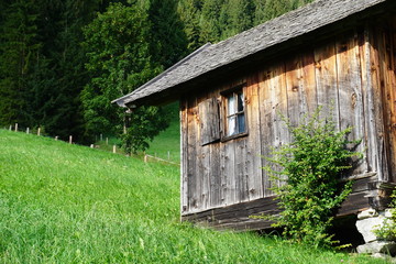 alte Berghütte aus Holz mit kleinen Fenster im Grünen