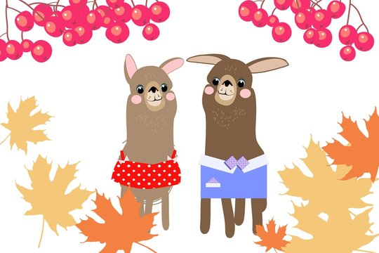 Lama, cartoon character, and autumn background, vector illustration