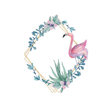 Floral wedding invitation card with flamingo, rose,cotton,succulent,eucalypyus leaves in watercolor style. Botanical template with golden frame and flowers for invite, greeting and covers, poligraphy.