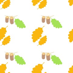 Autumn background of oak leaves and acorns, seamless pattern, color illustration in vector