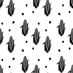 Pattern seamless hand drawn of black silhouette corn cobs and grains on white background. Organic vegetable isolated used for textile, wrapping, poster, card, menu cover, web pages