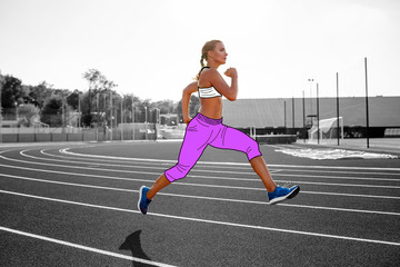 Woman athlete in a cartoon sport clothes is running by the track of a professional stadium.