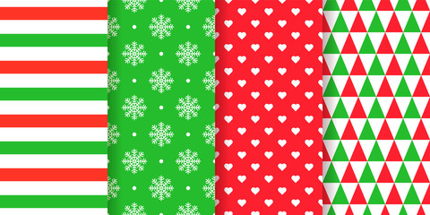 Christmas seamless pattern. Xmas, New year background. Vector. Holiday texture. Set festive abstract, geometric textile prints with stripes, snowflakes, hearts, triangles. Red green illustration
