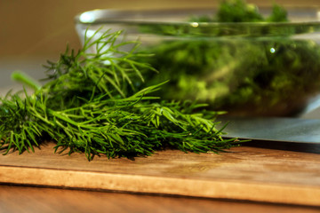 green dill from the garden on the Board cut with a knife