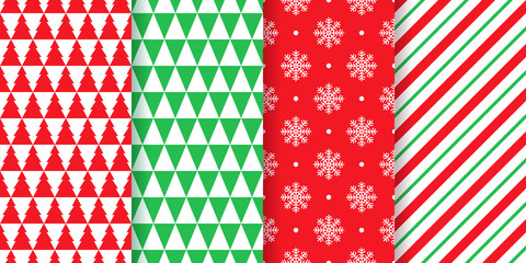 Christmas seamless pattern. Holiday background. Vector. Xmas, New year textures with tree, triangle, snowflake and candy cane stripe. Set festive geometric textile prints. Red green illustration