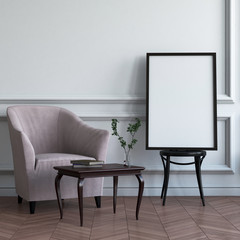 Mock up poster frame in Scandinavian style interior background, living room,  3d render. 