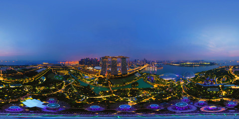 360 panorama by 180 degrees angle seamless panorama view of aerial view of Singapore Downtown....