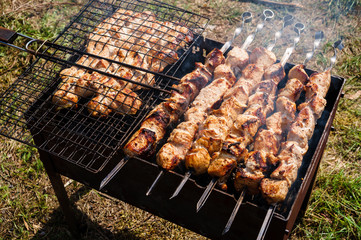 kebab meat is grilled on grill