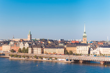 Obraz premium Summer view of the architecture of the Old Town pier in the Sodermalm district of Stockholm, Sweden