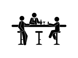 Fototapeta premium people at the bar, bartender at the bar, stick figure human silhouettes, simple flat illustration, drinks in glass and bottle, man icon