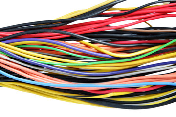 Close up many Colorful electrical wires cables cord for use in various connections or about computers. Selective Focus.