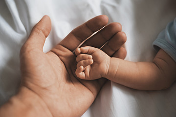 Close-up small hands of baby is lying in men of his father hands, concept of caring, fatherhood - obrazy, fototapety, plakaty