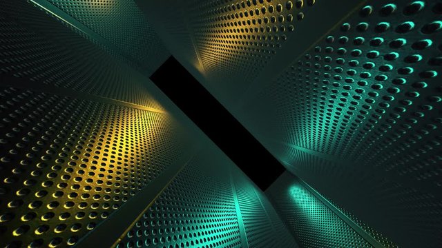 Creative neon futuristic metal tunnel with cyan, yellow wall. Inside supercomputer, data center tunnel. Rotating camera in big machine, alpha channel black screen in the end. 