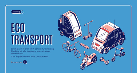 Eco transport isometric landing page, electric car, bicycle, segway, hoverboard, scooter and skateboard ecological friendly transportation, city vehicles 3d vector illustration, web banner, line art © vectorpouch
