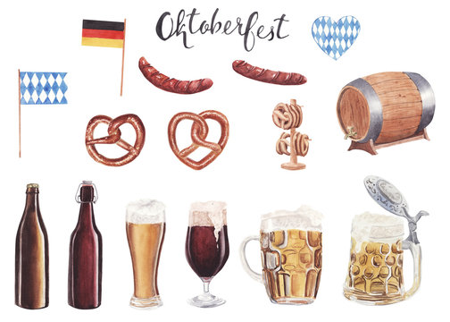 Hand drawn watercolor illustration set octoberfest design elements isolated on white background
