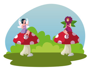 girls fairies sitting in the fungus plant and bushes