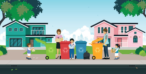 Parents and children Sorting garbage for various types of trash