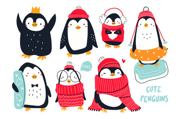Hand drawn vector set of cute funny various penguins. Different clothing, various poses. Colored trendy illustration. Flat design. All elements are isolated - obrazy, fototapety, plakaty