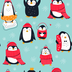 Hand drawn vector set of cute funny various penguins. Different clothing, various poses. Colored trendy illustration. Flat design. Seamless pattern. Snowflakes. Blue background