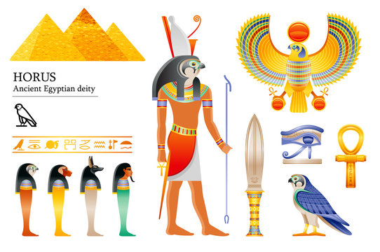 Ancient Egyptian god Horus icon set. Falcon deity, pyramid, dagger, bird, ankh, four sons of Horus, canopic jars, hieroglyph. 3d cartoon vector illustration. Old art craft. Isolated white background