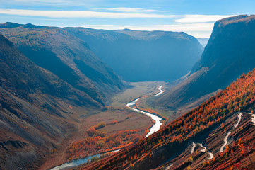 Autumn landscape of Chulyshman river valley with Katu-Yaryk pass in Altai mountains, Siberia, Russia