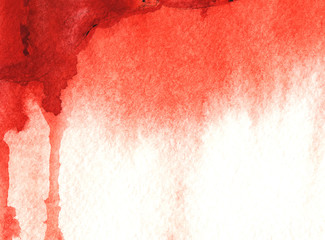 Abstract watercolor background. Red and white backdrop with blood-red paint drips leaking on grained textured paper. Hand drawn brush stroke illustration with wet ink effect. - 283990993