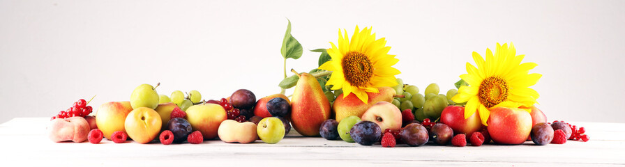 Autumn nature concept. Fall fruit with grapes, plums and sunflower on wood. Thanksgiving dinner