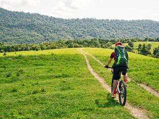 Obraz na płótnie Canvas Back view of active bicyclist with backpack riding mountain bike on path at green meadows background at sunny summer day