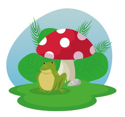 frog animal with fung plant and branches leaves plants