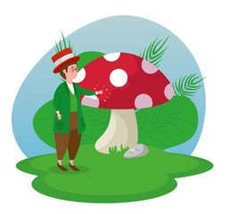 happy boy magician with fungus and branches leaves plants