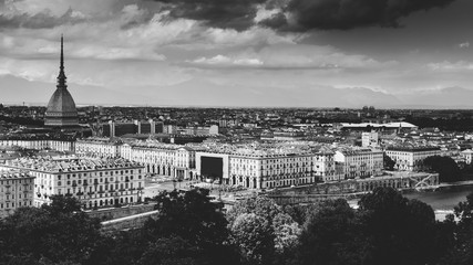 Panoramic view of Turin, Piedmont in monochrome