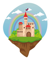 cute medieval castle with flag and rainbow with clouds