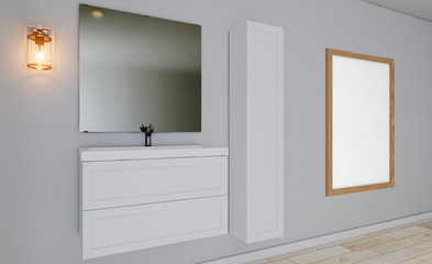bathroom in a minimalist style. room in gray tones. foggy mirror. 3D rendering. Blank paintings.  Mockup.