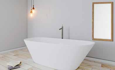 Naklejka na ściany i meble large white bath with classic lamps and parquet flooring. gray style minimalism 3D rendering. Blank paintings. Mockup.