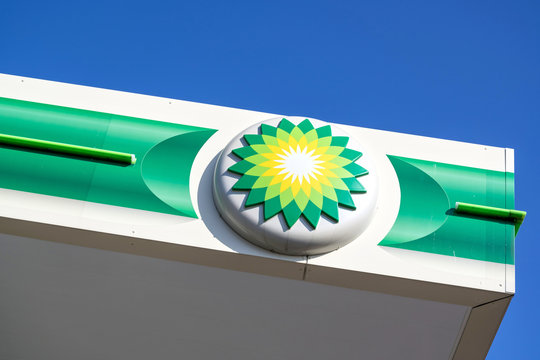 KATWIJK AAN ZEE, THE NETHERLANDS - June 13, 2018: BP sign at gas station. BP is a British multinational oil and gas company headquartered in London, England.