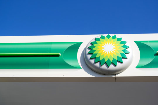 KATWIJK AAN ZEE, THE NETHERLANDS - June 13, 2018: BP sign at gas station. BP is a British multinational oil and gas company headquartered in London, England.