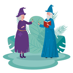 old woman witch and man wizard with magic wand