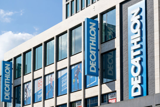 ROTTERDAM, NETHERLANDS - September 23, 2017: Decathlon sign at branch. Decathlon is a French sporting goods retailer, the largest sporting goods retailer in the world.