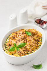 Zucchini cheesy casserole.Selective focus, copy space.