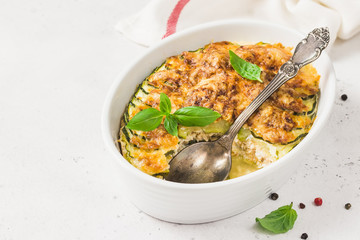 Zucchini cheese turkey casserole.Selective focus, copy space.