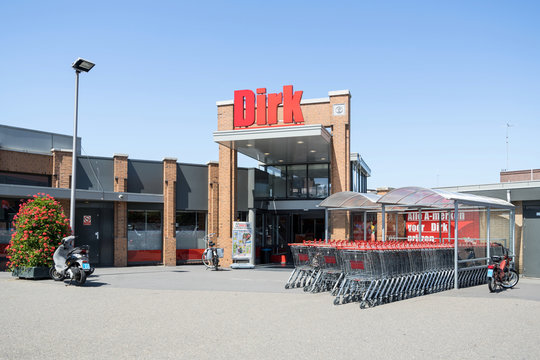 KATWIJK AAN ZEE, THE NETHERLANDS - June 20, 2018: Dirk supermarket. Dirk van den Broek is a Dutch retail company and a member of Superunie, a Dutch purchasing organization for supermarkets.