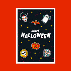 Halloween greeting card with handwritten calligraphy greetings and funny monsters. Flat style vector illustration on dark background.