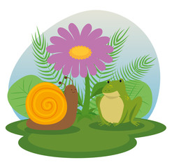snail and frog animals with flower and branches leaves plants