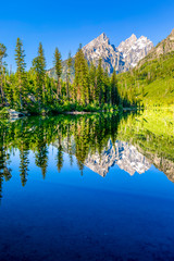 Mirror Reflection of Mountain and Forest in Lake