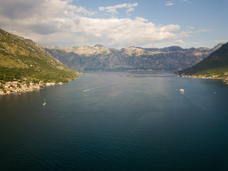 Aerial photo of a blue sea in Kotor bay Montenegro